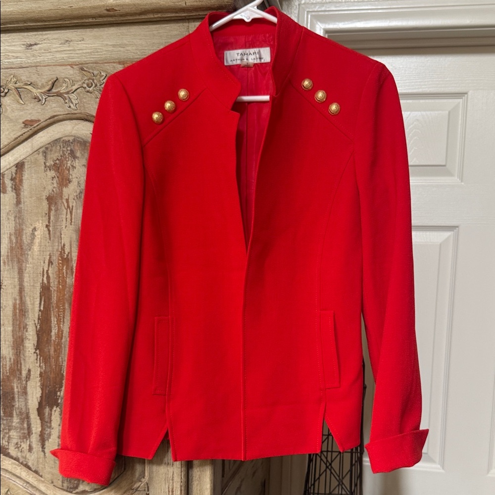 Elegant Red Military-Style Blazer with Gold Accent Buttons